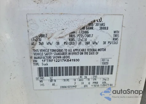 2007 Ford F150 from USA, damaged, VIN 1FTRF12217KB41930